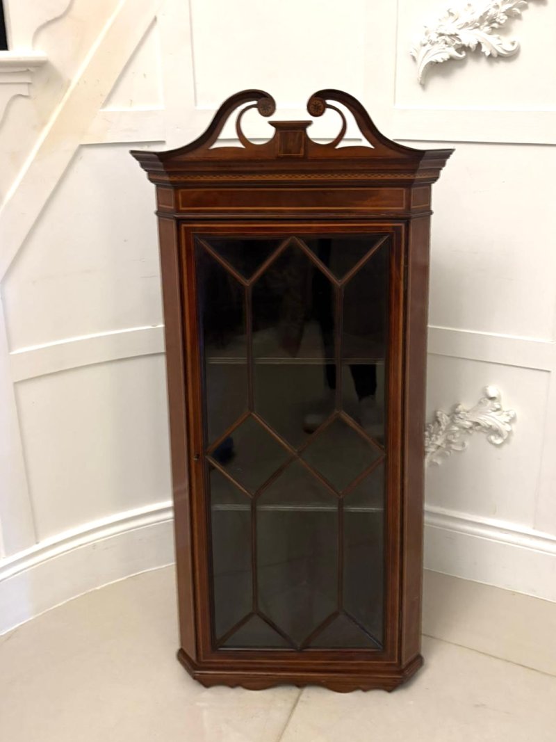 Antique Edwardian Quality Inlaid Mahogany Wall Hanging Corner Display Cabinet